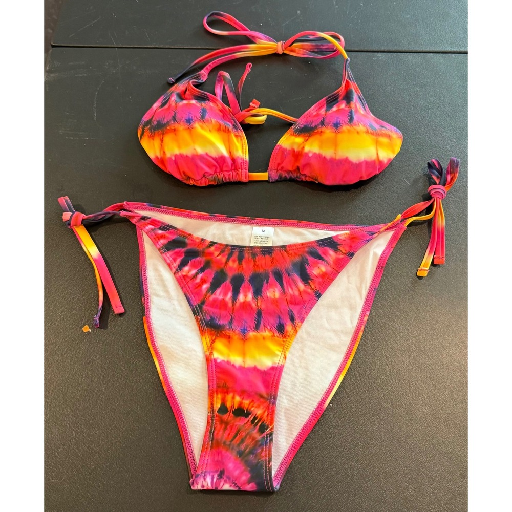 Womens Medium Bikini Set Pink Orange Tie Dye Triangle Top Side Tie‎ Bottom NEW